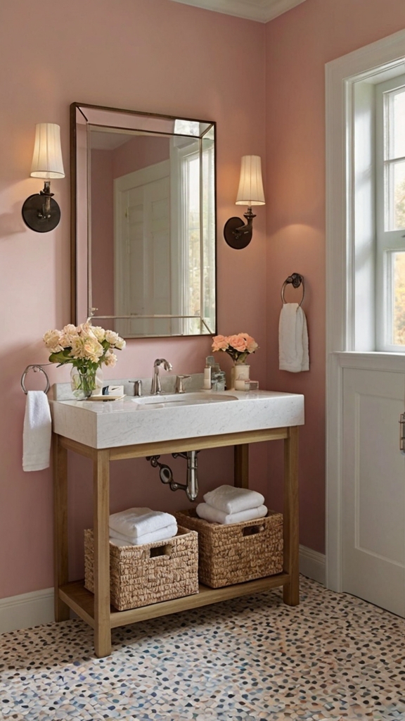 best small bathroom color,
best vanity color for small bathroom,
bathroom paint for small bathroom,
painting a small bathroom,
dark paint in small bathroom,
colors that make a bathroom look bigger,