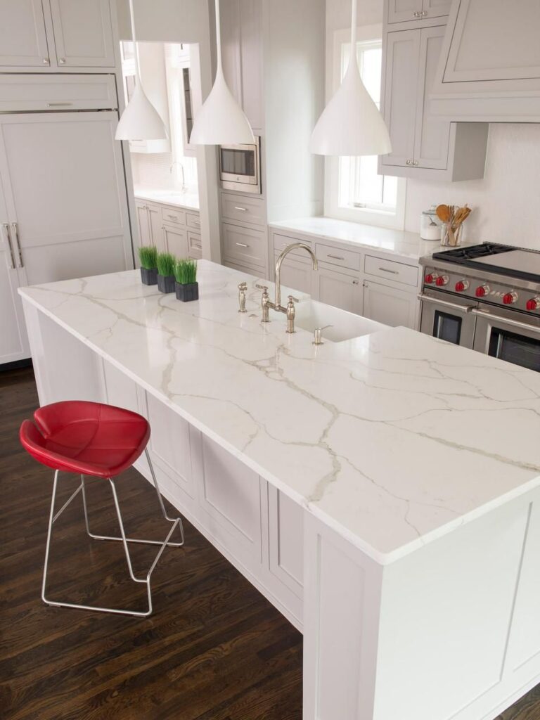 Best Minuet Quartz Countertops paired with White Dove Cabinets