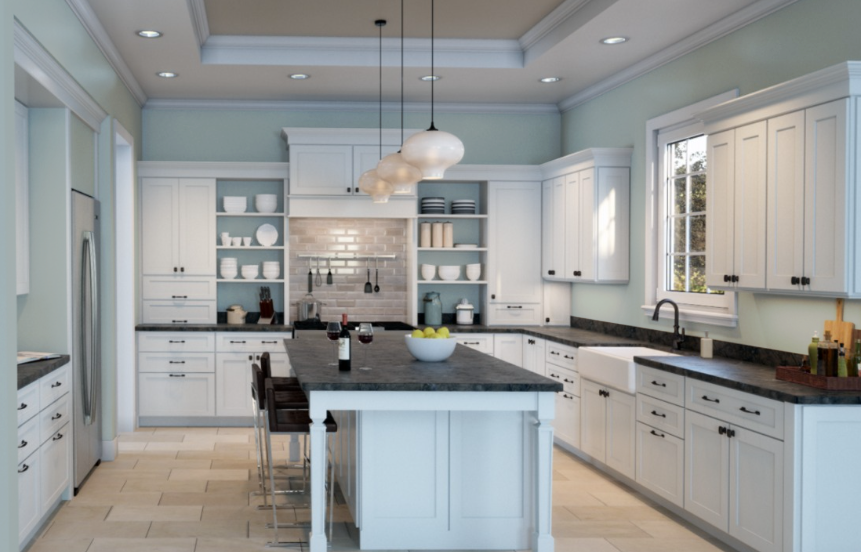 Kitchen Cabinets Color Schemes Complementing Tradewind (SW 6218) from Benjamin Moore