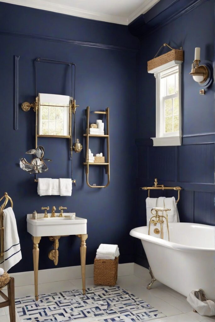 Bathroom wall paint, navy blue decor, navy blue interior, paint color guide