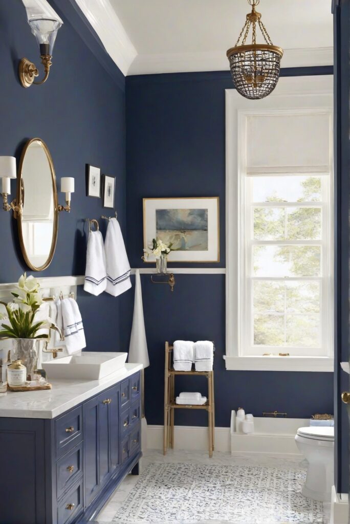 bathroom wall decor,bathroom paint colors,navy blue walls,paint colors for home