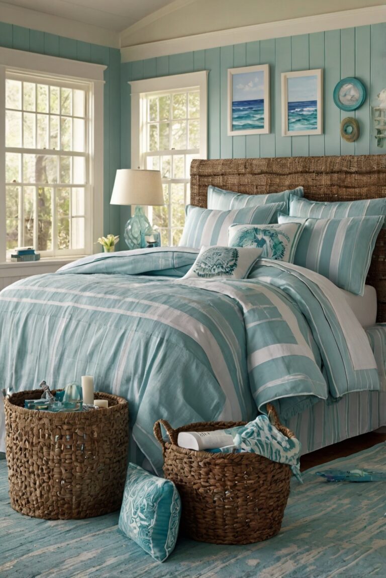 Beach house decor,coastal bedroom decor,seaside home design,ocean-themed interior design