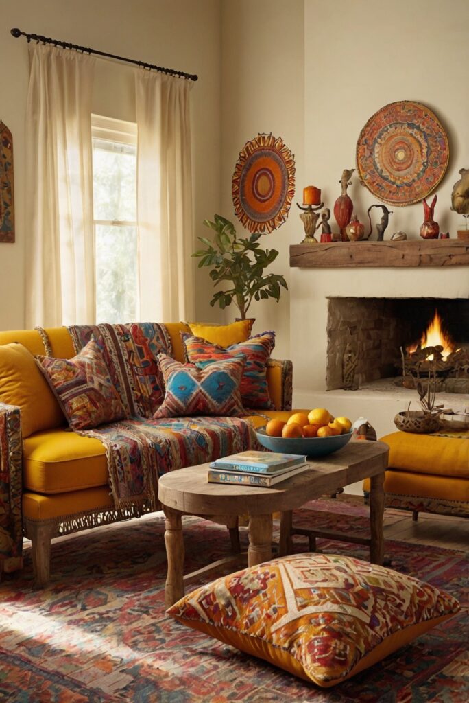 Benjamin Moores Navajo White, Sherwin Williams Saffron Thread, home decor interior design, living room interior