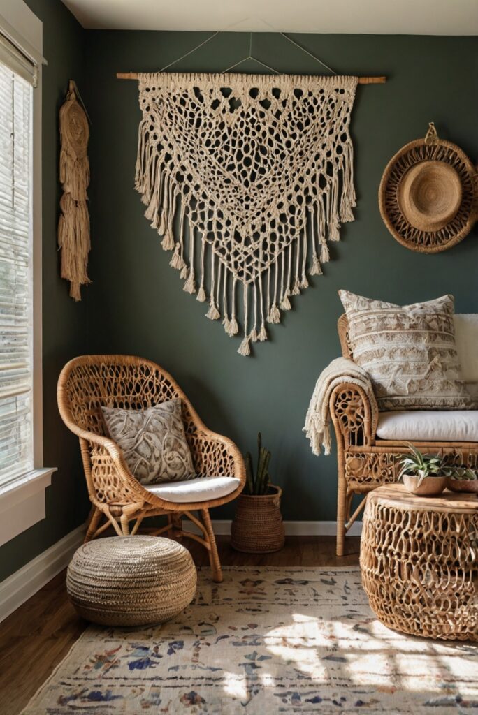 boho decor, rattan furniture, macrame wall hanging, bohemian home design