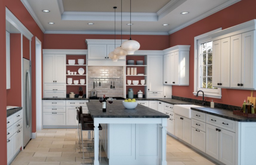 Kitchen Cabinets Color Schemes Complementing Bold Brick (SW 6327) from Sherwin Williams