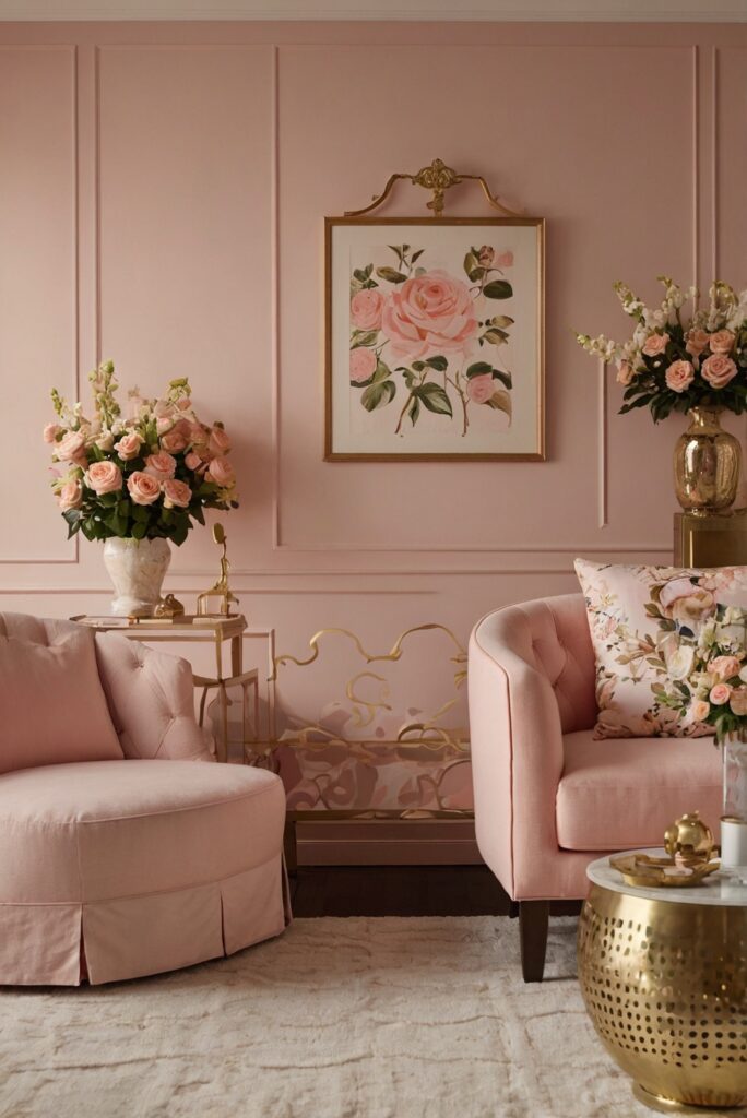 Blush pink decor, Gold home interior, Romantic bedroom design, Elegant living room design