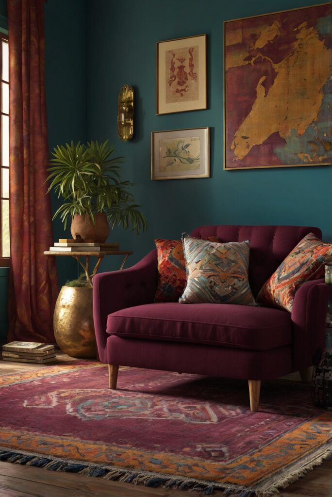 bohemian interior design, eclectic home decor, old claret paint, trendy home accents
