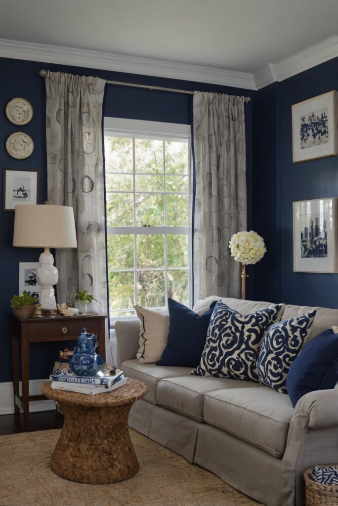 Navy accent decor, gray edgecomb paint, trendy home design, interior design trends