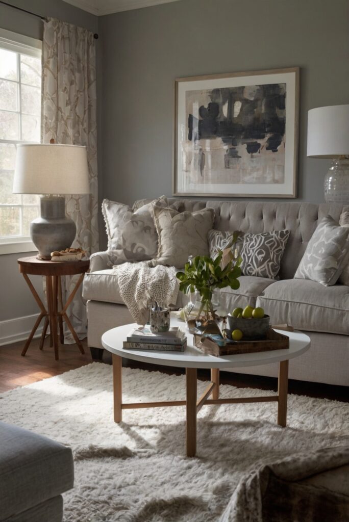 Cozy interior design, Contemporary home decor, Gray wall painting, Home decor ideas