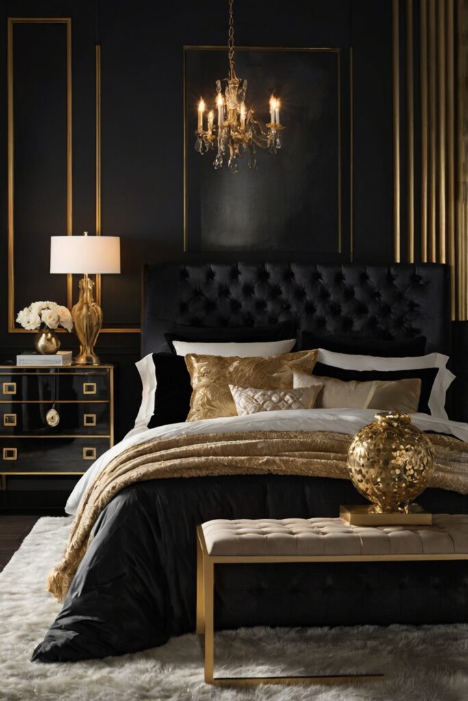black paint colors, room color ideas, dramatic bedroom decor, luxurious bedroom design
