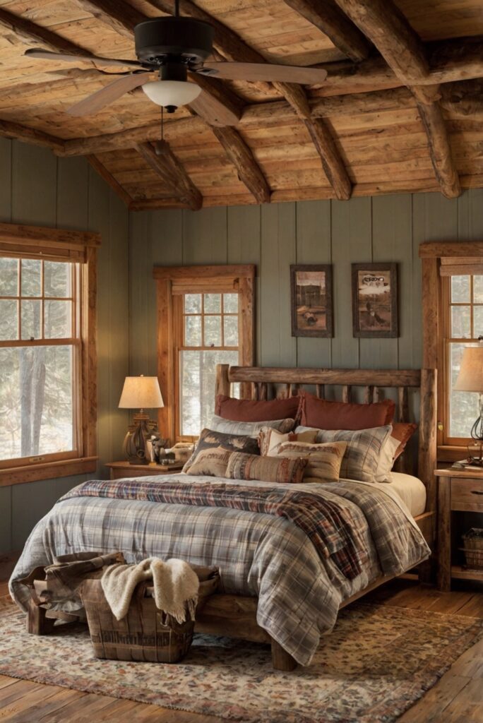 cozy cabin decor, rustic bedroom design, mountain-themed interior, cabin-inspired home design