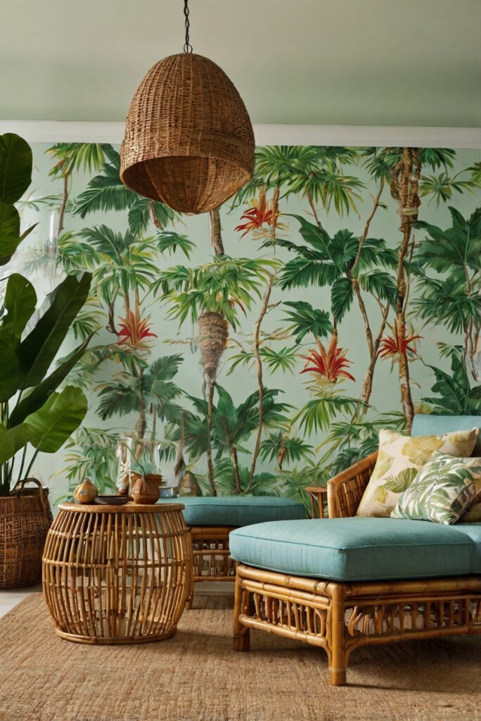 tropical paradise escape, tropical island decor, island paradise design, benjamin moore paradise home decorating interior design, space planning interiors, bedroom kitchen living room design, wall paint color matching