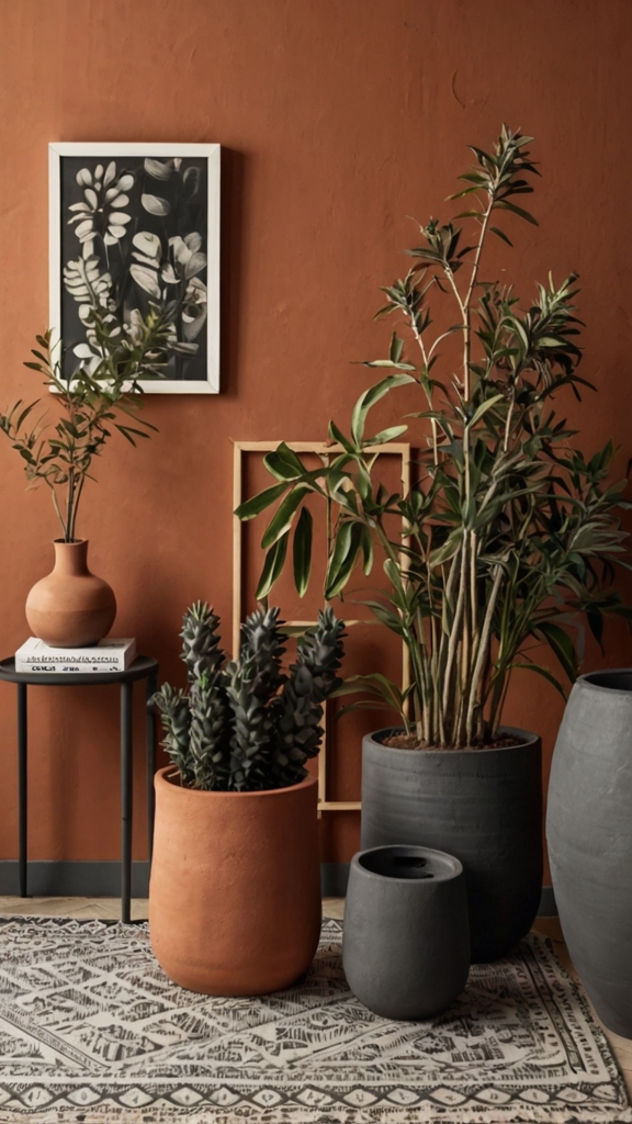 Terracotta room decor, charcoal interior design, terracotta and charcoal color scheme, modern room styling ideas, warm and sophisticated interiors, color pairing inspiration.