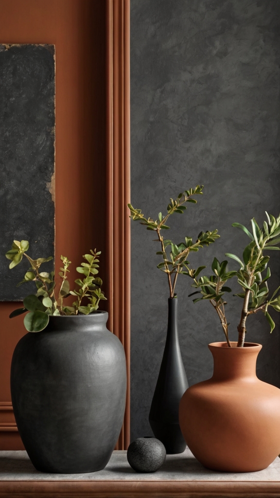 Terracotta room decor, charcoal interior design, terracotta and charcoal color scheme, modern room styling ideas, warm and sophisticated interiors, color pairing inspiration.