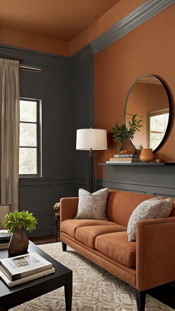 Terracotta room decor, charcoal interior design, terracotta and charcoal color scheme, modern room styling ideas, warm and sophisticated interiors, color pairing inspiration.