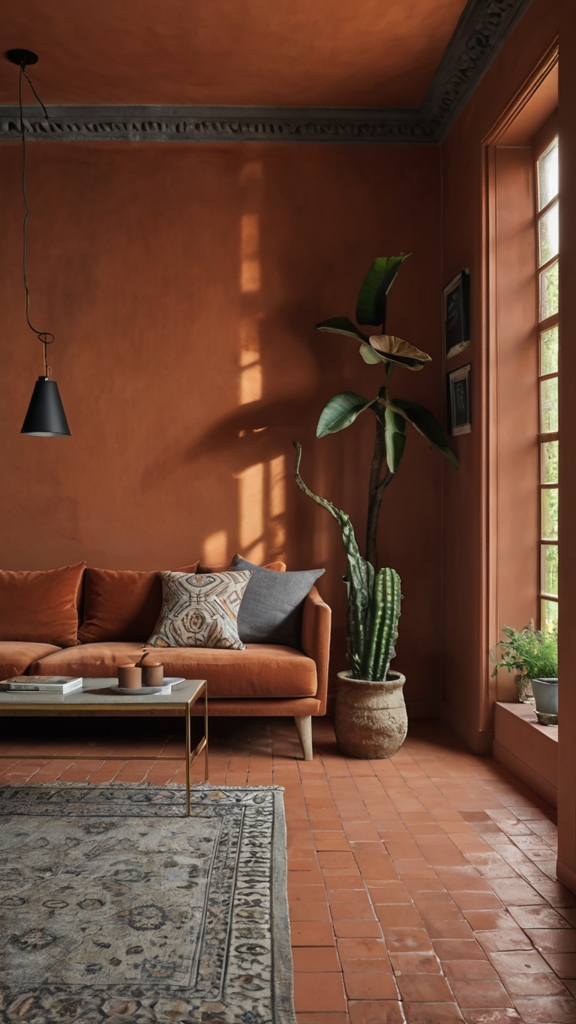 Terracotta room decor, charcoal interior design, terracotta and charcoal color scheme, modern room styling ideas, warm and sophisticated interiors, color pairing inspiration.