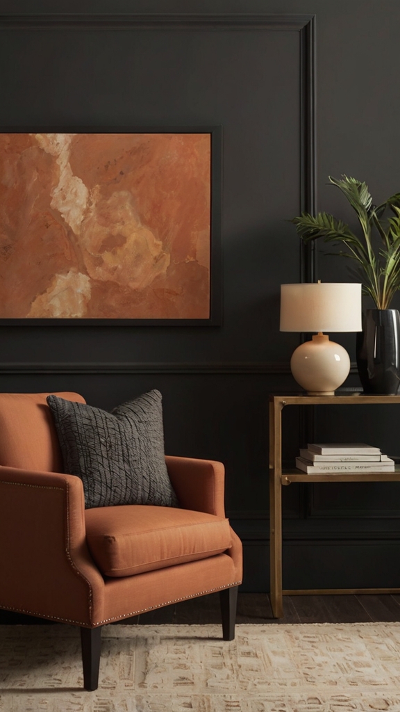 Terracotta room decor, charcoal interior design, terracotta and charcoal color scheme, modern room styling ideas, warm and sophisticated interiors, color pairing inspiration.