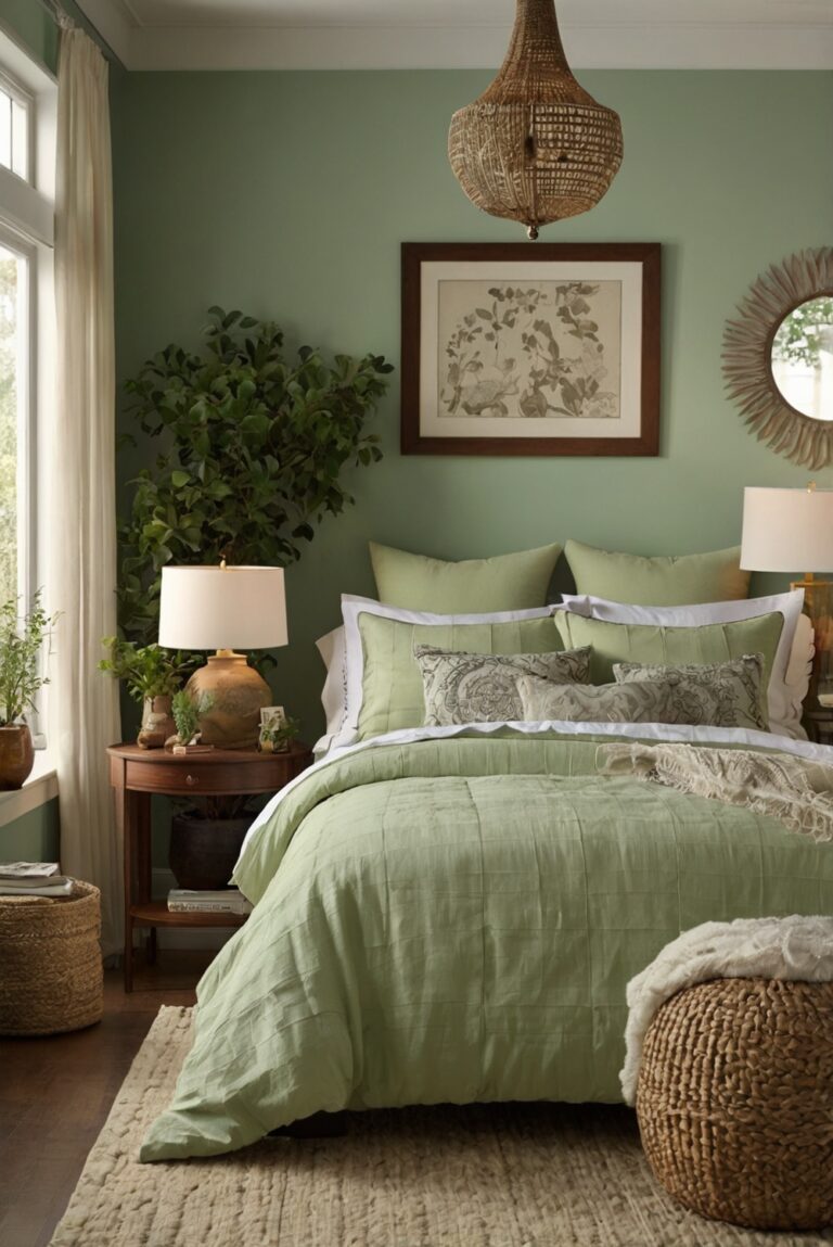 Bohemian Chic Haven Bedroom Benjamin Moore Guilford Green (Light