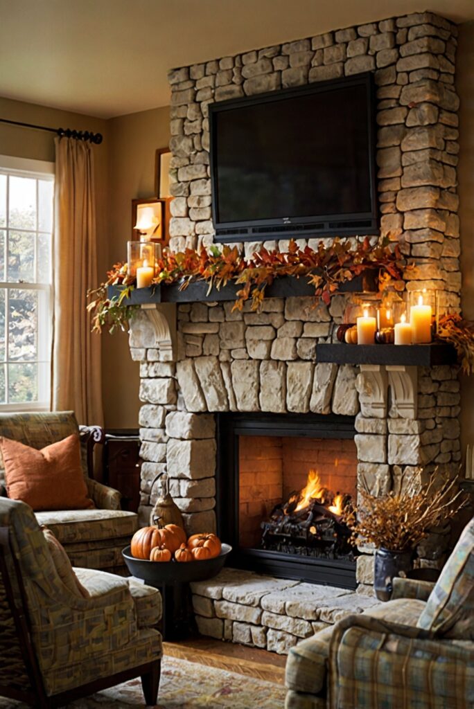 fireplace decor ideas, fall mantel decorations, cozy home decor, autumn mantel displays, rustic fireplace mantels