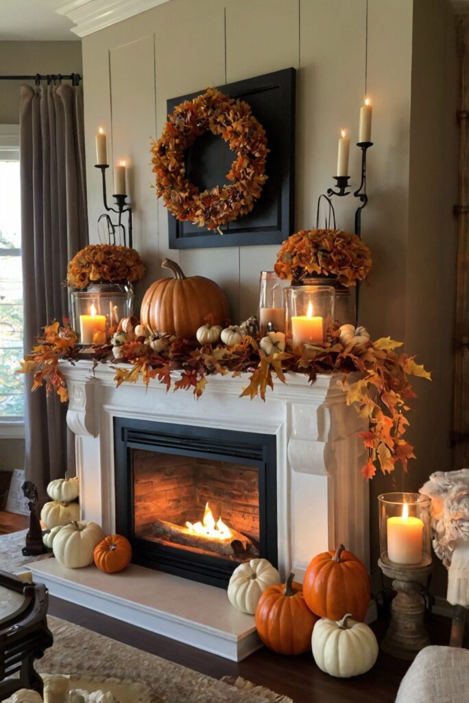 fall decor, mantel design, home decorations, seasonal accents, interior styling