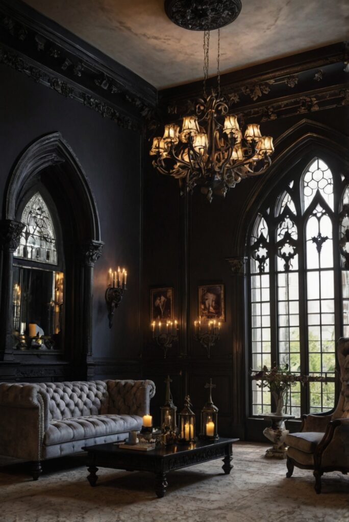 Gothic home decor, Elegant living room design, Dark interior inspiration, Gothic furniture ideas, Gothic style accessories