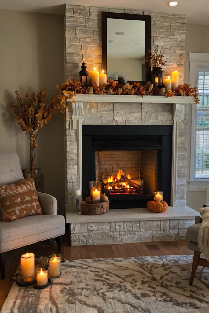 fireplace mantel decor, autumn home decorations, cozy living room ideas, fall-themed interior design, seasonal decorating ideas