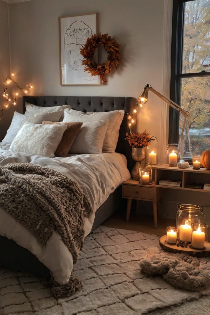 Fall bedroom decor, cozy bedroom ideas, autumn bedroom design, fall home style, elegant bedroom ideas