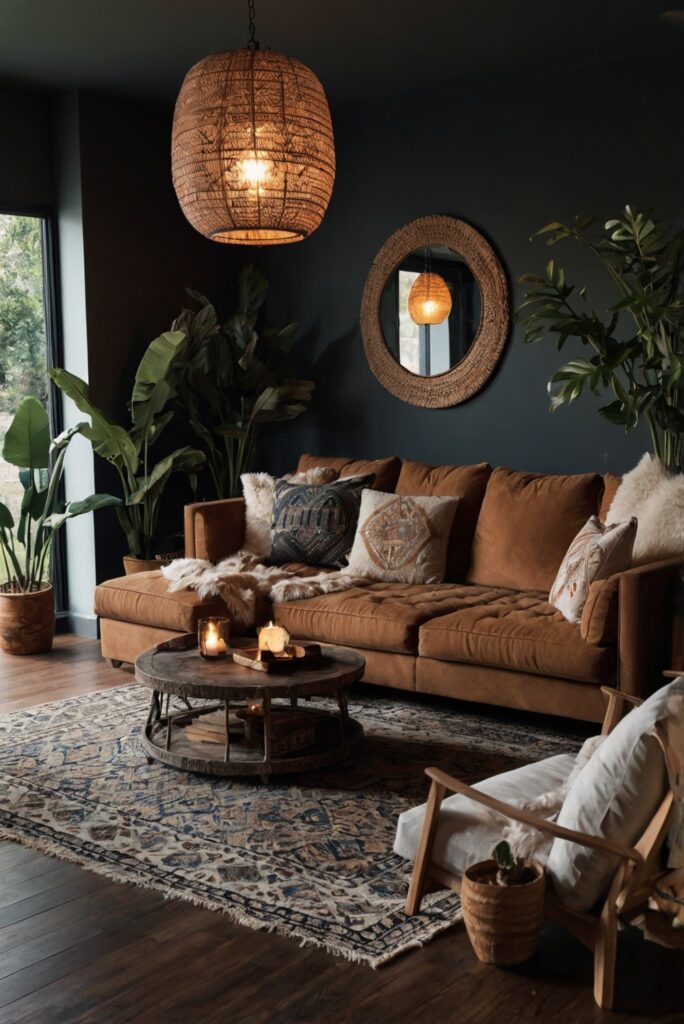 boho decor, boho chic, dark living room, interior design, home decorating