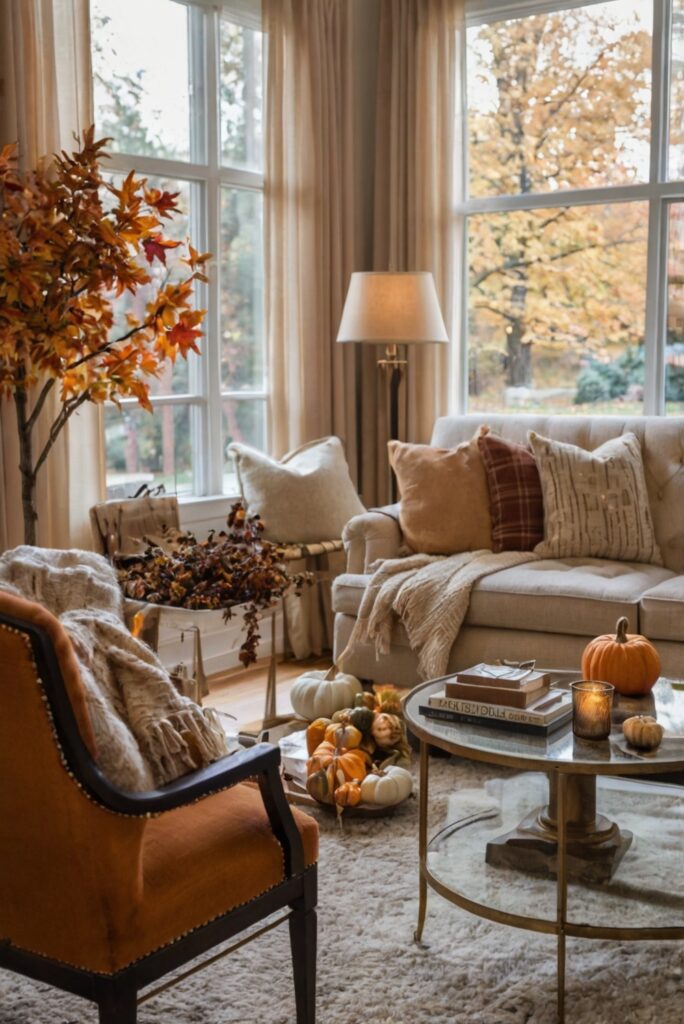 fall decor ideas, autumn home decor, cozy living room decor, rustic chic decor, modern farmhouse decorations