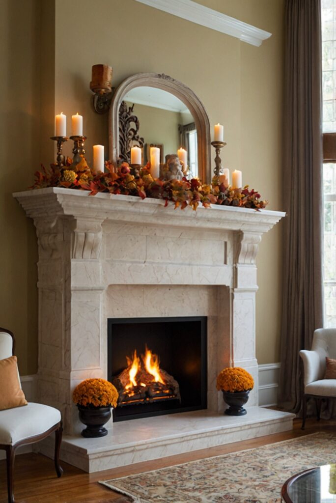 Fall mantel decor, Fireplace design ideas, Autumn home decor, Fire mantel decorations, Cozy living room decor