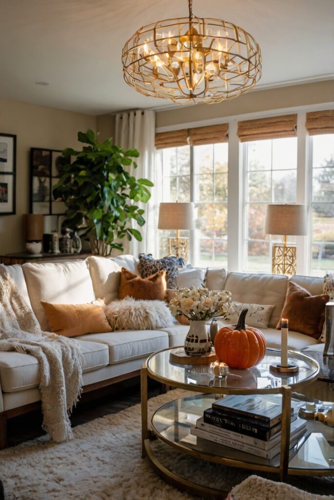 Stylish Living Room Decor, Home Design Trends, Chic Furniture, Modern Interior Lighting, Cozy Fall Decor