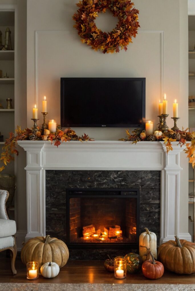 Fall mantle decor, Fall home decor, Fall fireplace decor, Mantle decorating ideas, Fireplace design