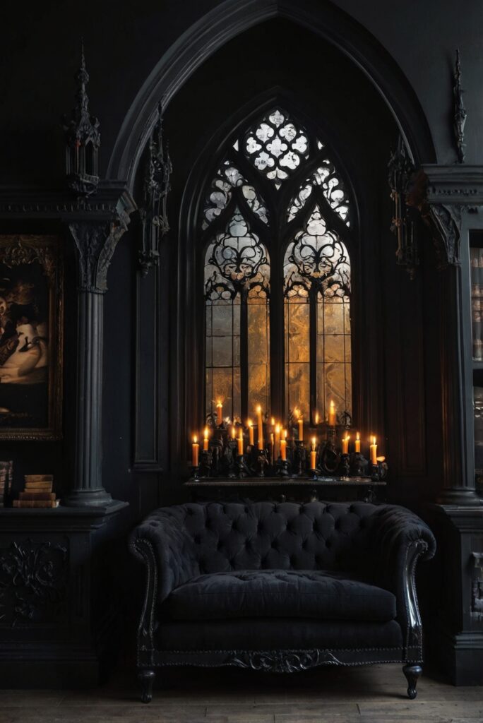 Dark Gothic Home Decor, Victorian Gothic Interior Design, Gothic Home Accessories, Black Gothic Furniture, Gothic Living Room Ideas