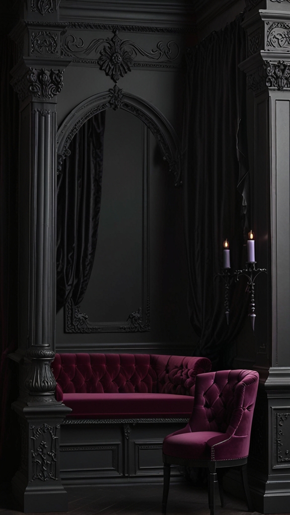 Victorian gothic, dark elegance, dramatic interiors, modern gothic