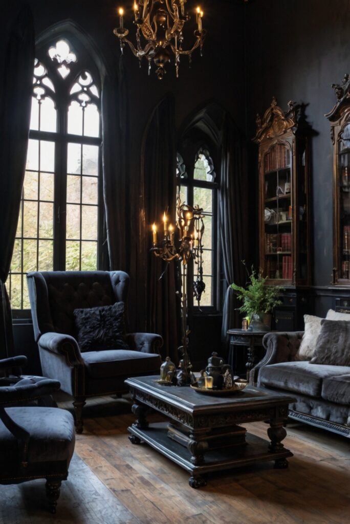 gothic living room ideas, modern gothic decor, gothic furniture, dark gothic interiors, moody gothic design