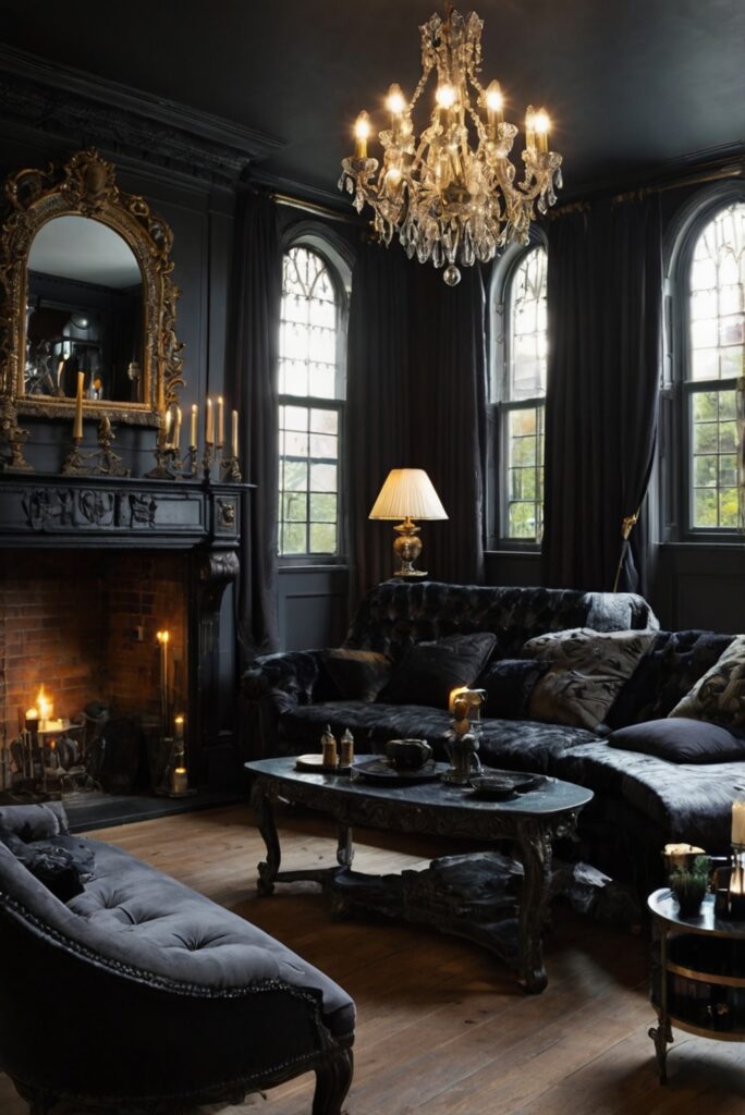 Gothic furniture, Interior design ideas, Statement wall art, Elegant gothic décor, Dramatic living room