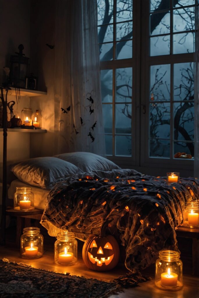 Halloween bedroom decor, Spooky bedroom ideas, Halloween themed bedding, Ghostly bedroom accents, Haunted bedroom furniture