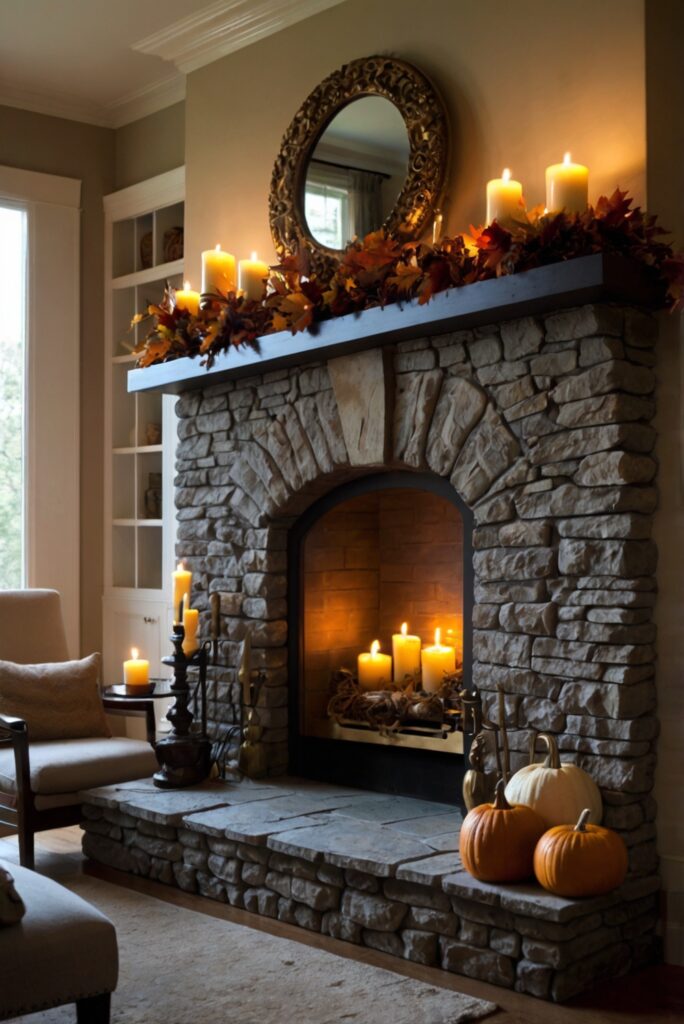 fireplace decor, cozy evening ideas, fall decorations, home lighting, warm ambiance