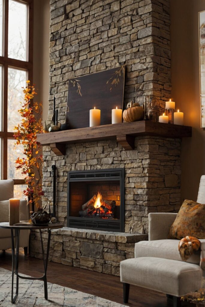 Fireplace mantel decor, Fall fireplace decorations, Autumn hearth design, Cozy fire pit accessories, Seasonal chimney accents