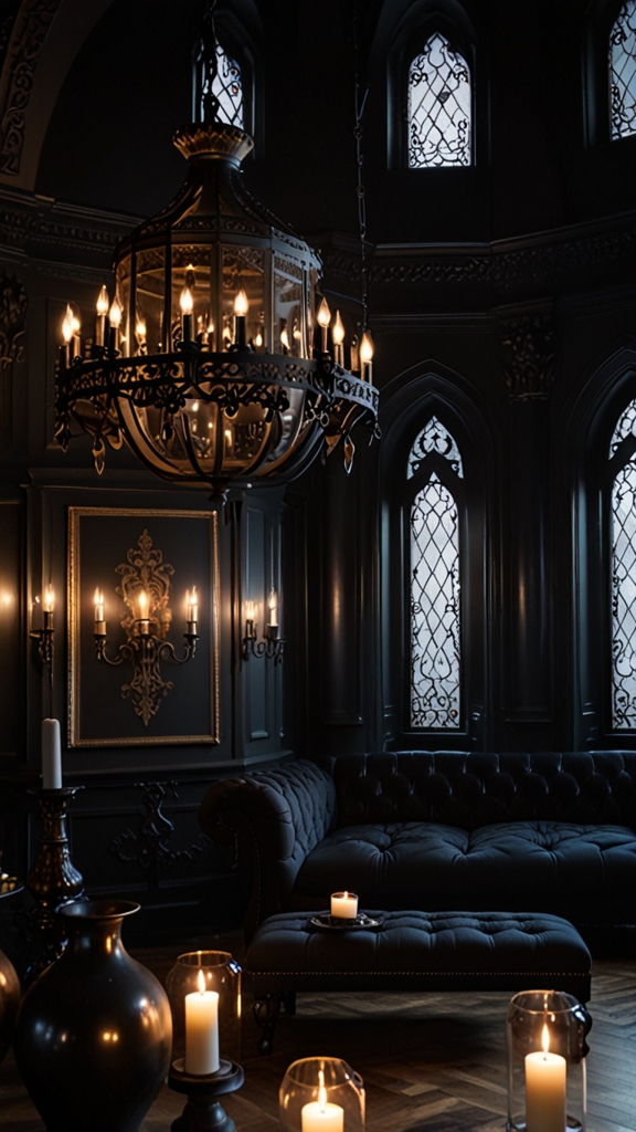 Victorian gothic, dark elegance, dramatic interiors, modern gothic