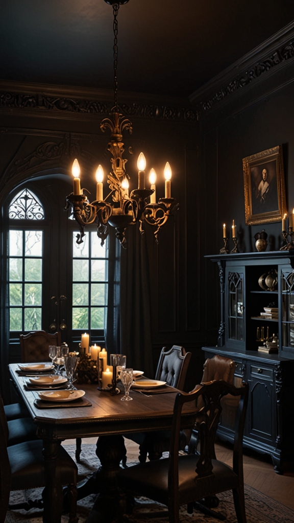 Victorian gothic, dark elegance, dramatic interiors, modern gothic