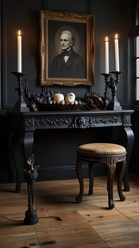 Victorian gothic, dark elegance, dramatic interiors, modern gothic