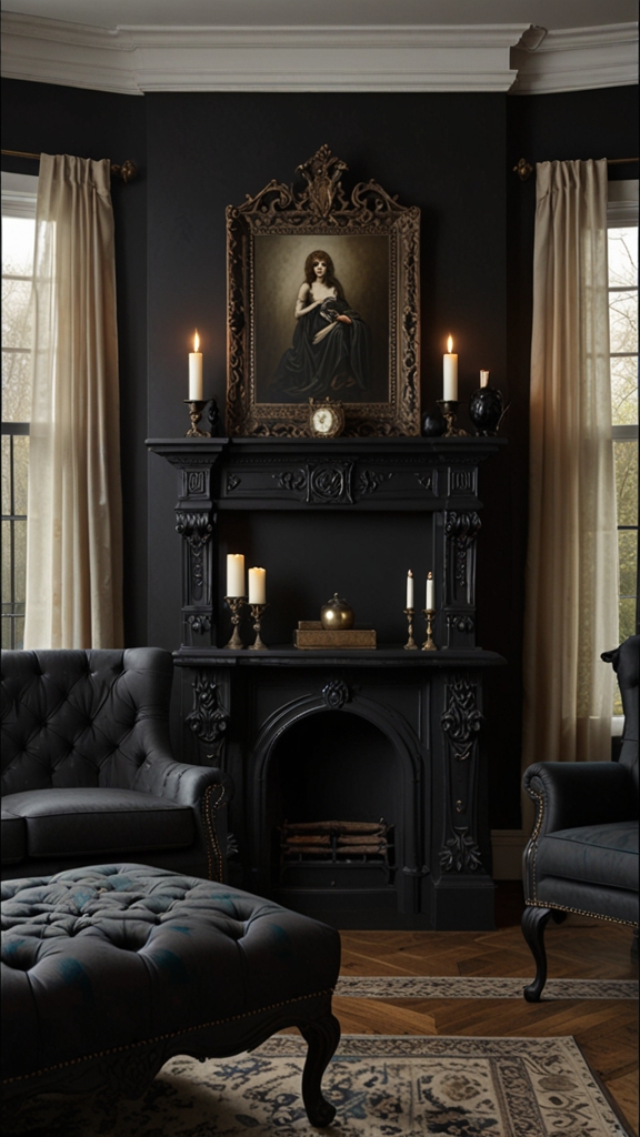 Victorian gothic, dark elegance, dramatic interiors, modern gothic