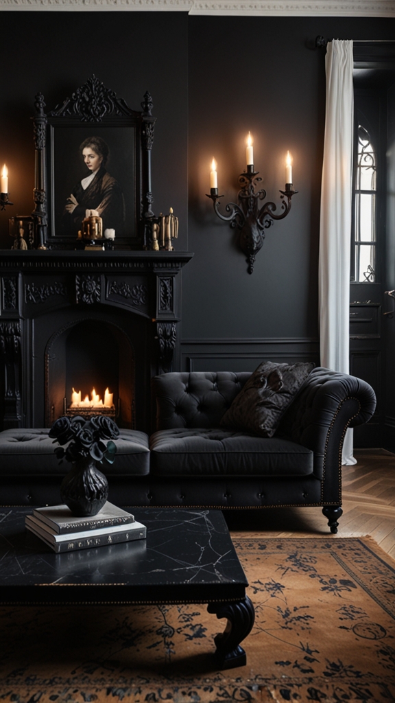 Victorian gothic, dark elegance, dramatic interiors, modern gothic