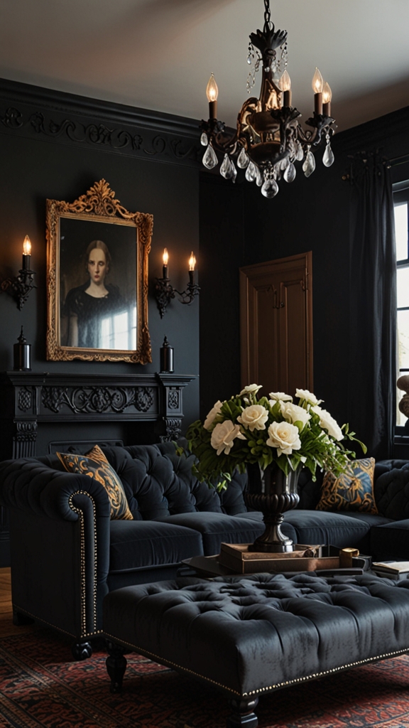 Victorian gothic, dark elegance, dramatic interiors, modern gothic