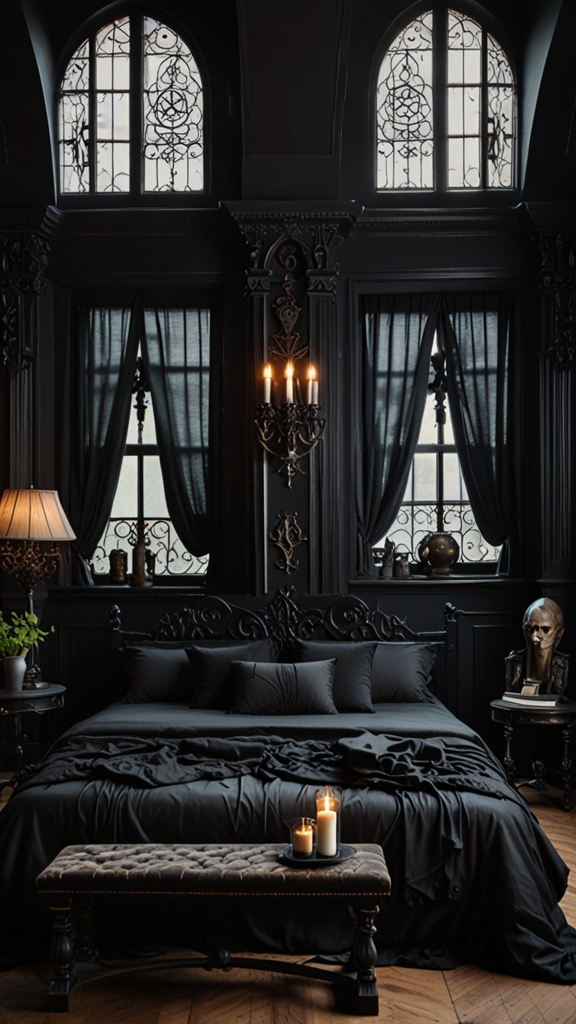 Victorian gothic, dark elegance, dramatic interiors, modern gothic