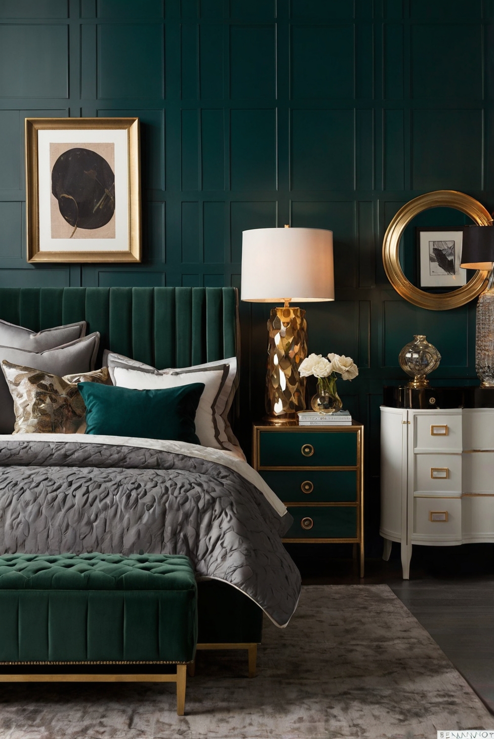 Hollywood Modern Glamour Bedroom - Benjamin Moore Soot (Dark Green ...