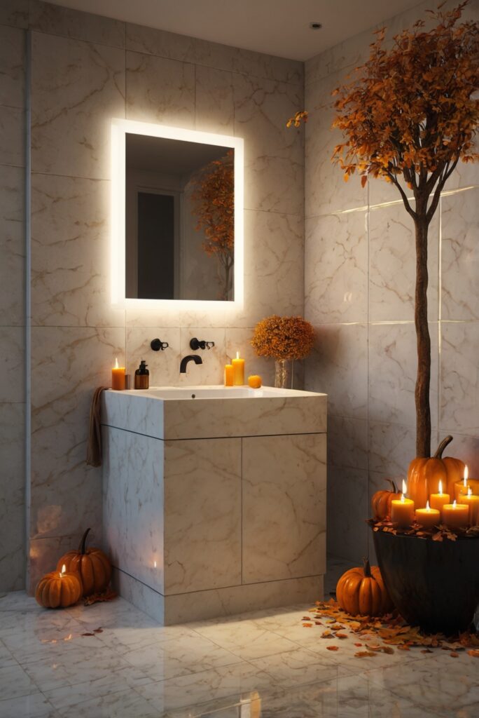 fall bathroom decor, bathroom decoration ideas, autumn theme bathroom, cozy bathroom decor, seasonal bathroom design