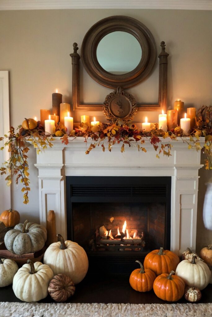 Fall home decor, mantel decorations, seasonal interior design, autumn mantel display, cozy living room accents