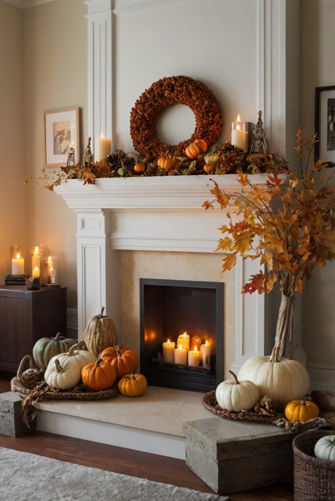 Fall mantel decor ideas, Fall home decor, Fall fireplace decor, Cozy autumn decorations, Stylish fall mantel.